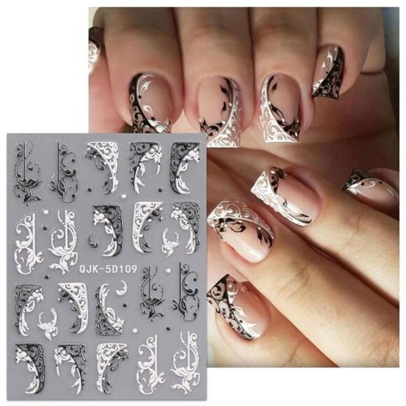 3D Embossed Flower Black White Nail Art Stickers 4 Sheets - Picture 6 of 8